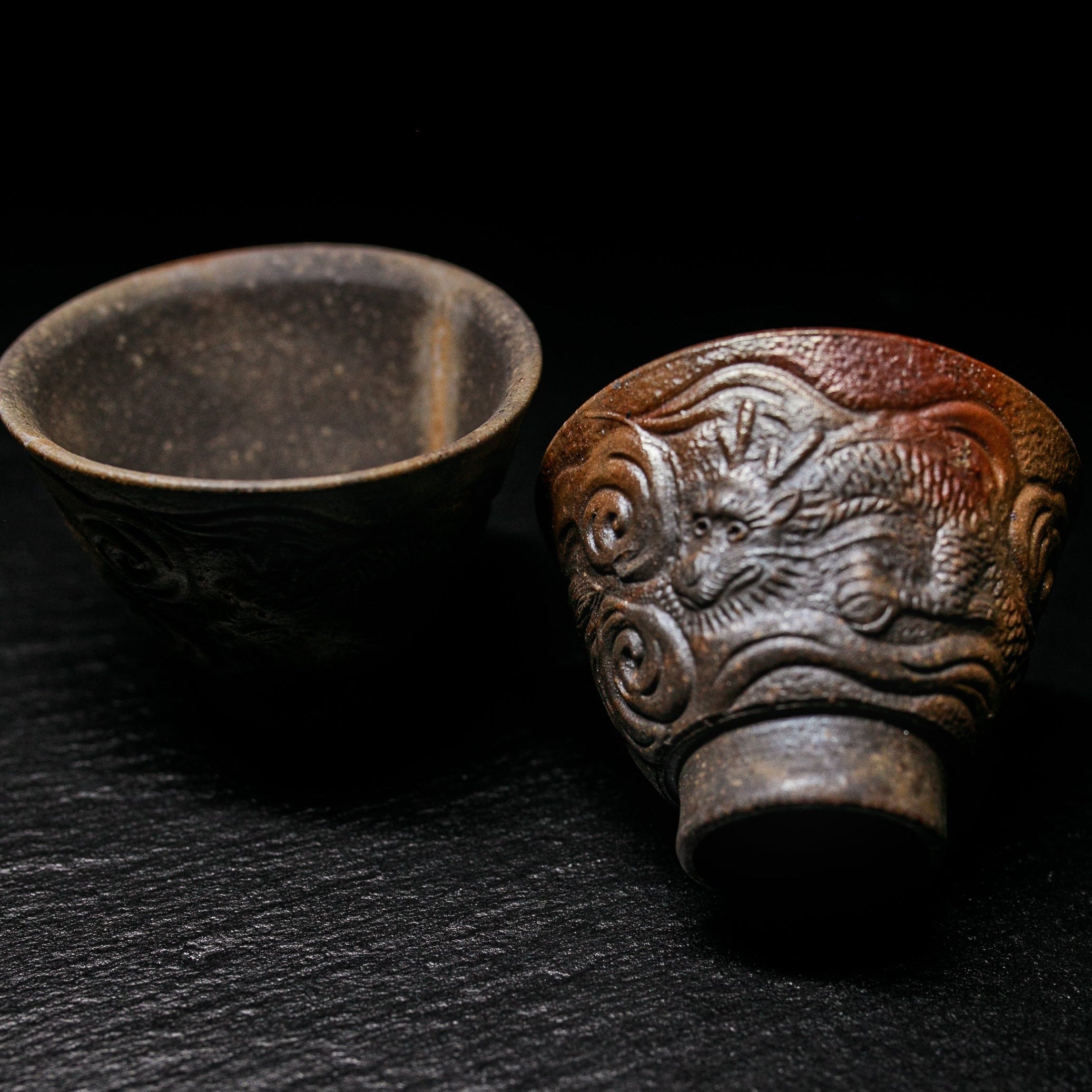 Yunomi Teacup Set, Bizen-Yaki Hand Carved Stoneware, Pair - Konishi Toko - 60ml
