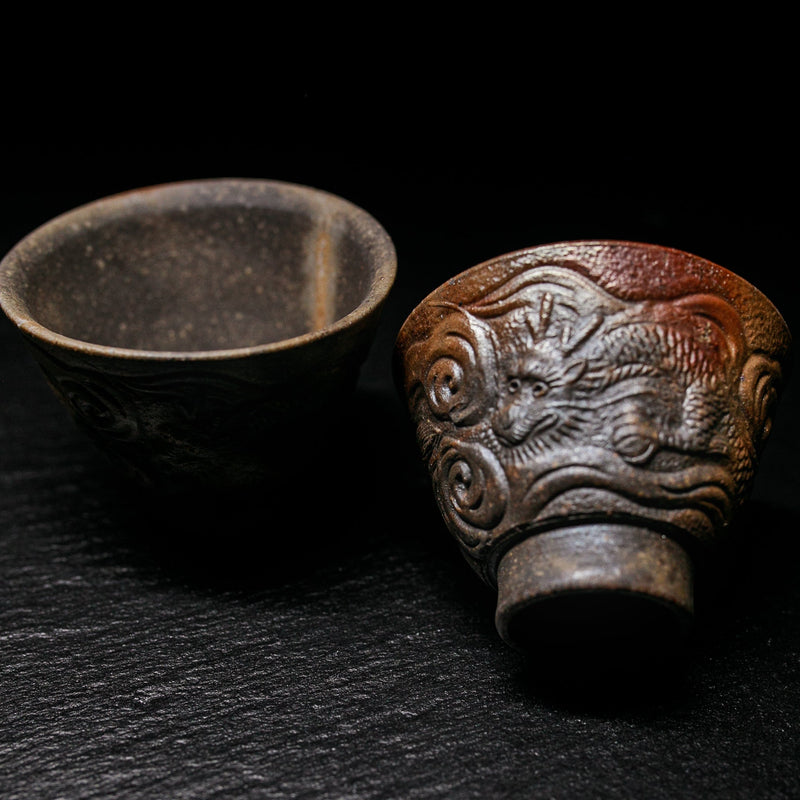 Yunomi Teacup Set, Bizen-Yaki Hand Carved Stoneware, Pair - Konishi Toko - 60ml