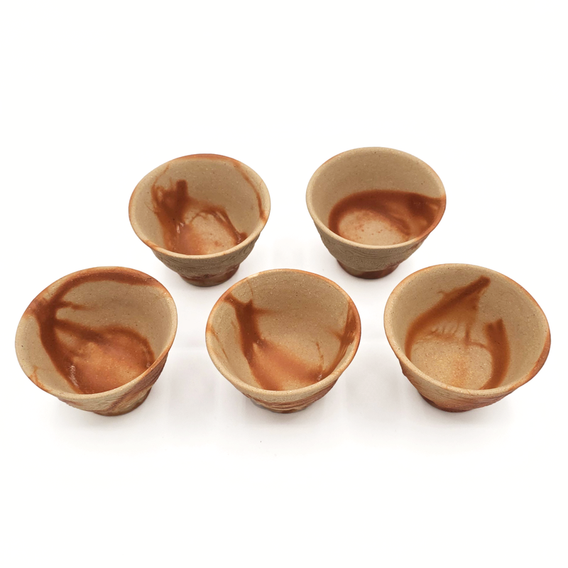 Hidasuki Yunomi Teacups, "Dragon Motif", 5-Pc Set - Bizen-Yaki - Konishi Toko Kiln