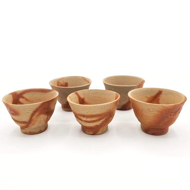 Hidasuki Yunomi Teacups, "Dragon Motif", 5-Pc Set - Bizen-Yaki - Konishi Toko Kiln