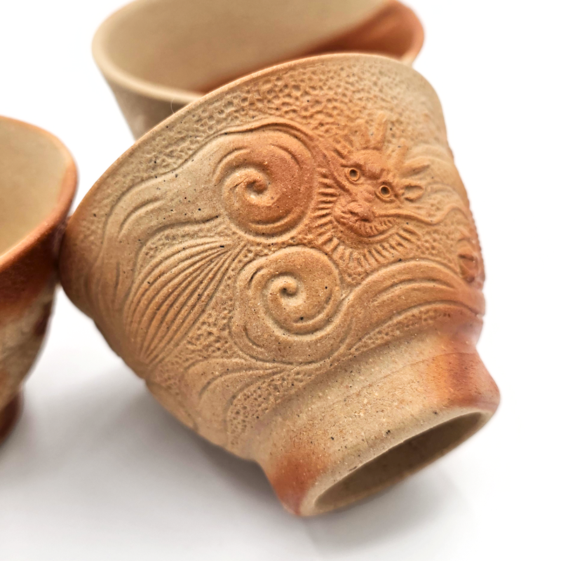 Hidasuki Yunomi Teacups, "Dragon Motif", 5-Pc Set - Bizen-Yaki - Konishi Toko Kiln