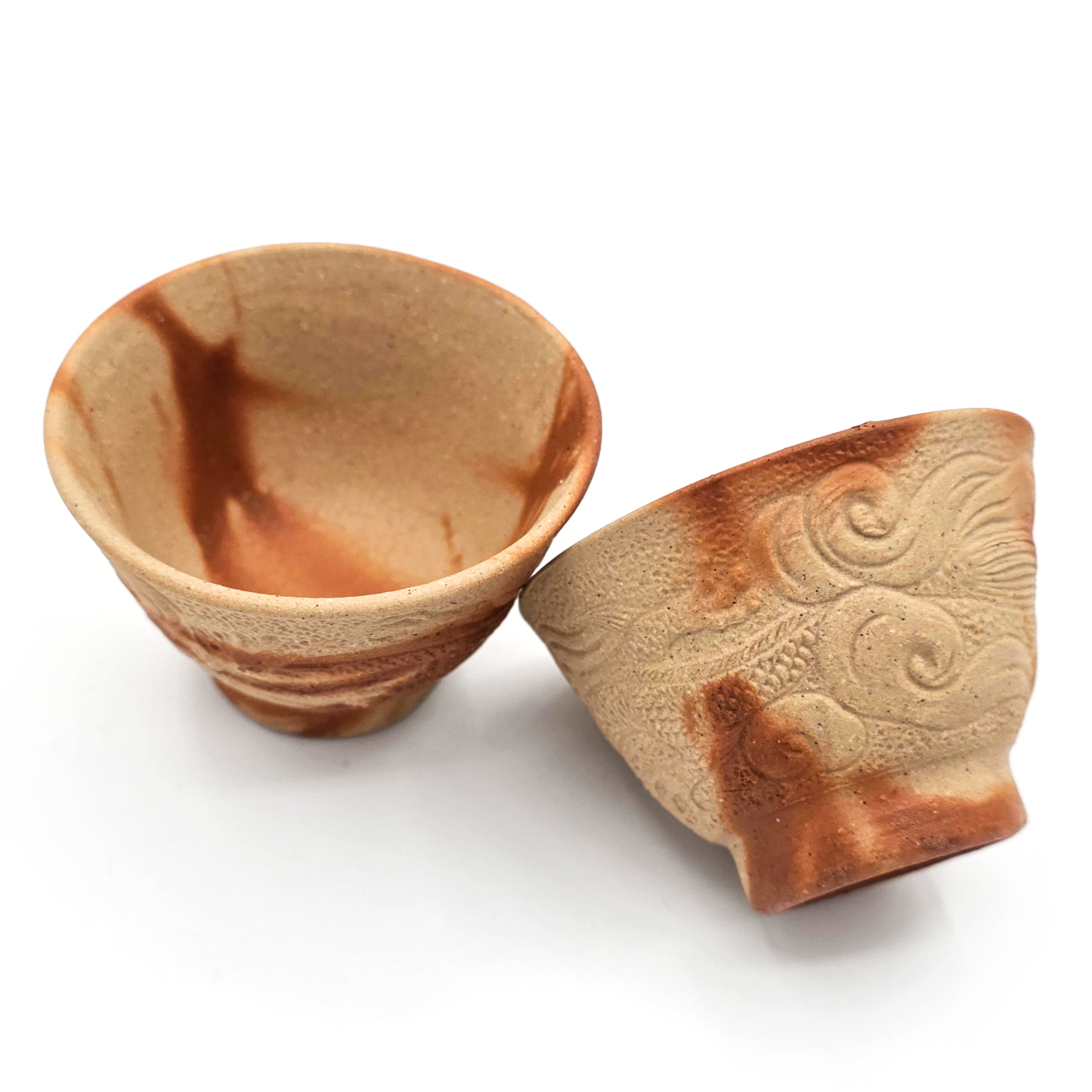 Hidasuki Yunomi Teacups, "Dragon Motif", 5-Pc Set - Bizen-Yaki - Konishi Toko Kiln