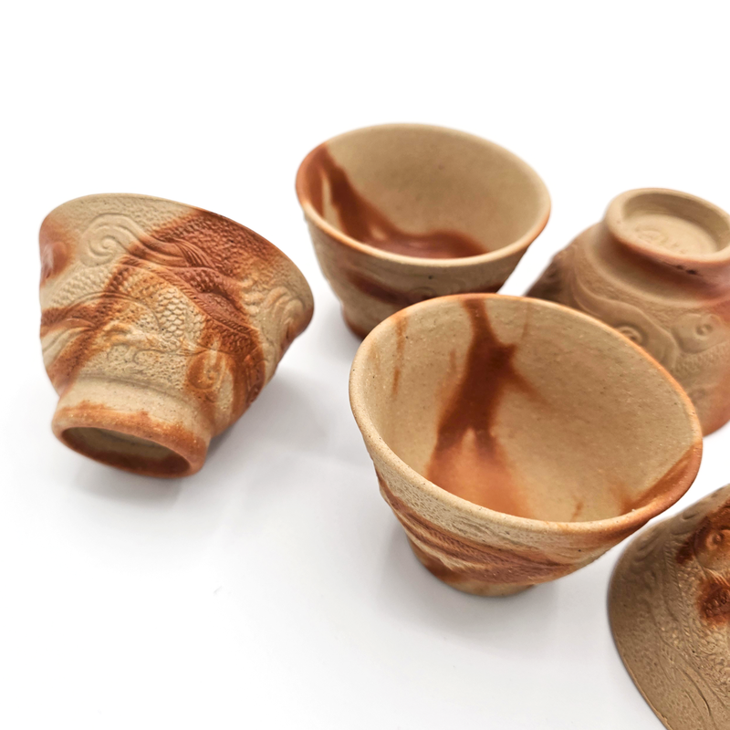 Hidasuki Yunomi Teacups, "Dragon Motif", 5-Pc Set - Bizen-Yaki - Konishi Toko Kiln