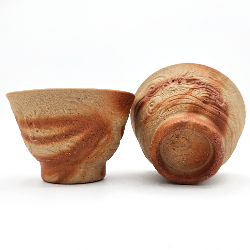 Hidasuki Yunomi Teacups, "Dragon Motif", 5-Pc Set - Bizen-Yaki - Konishi Toko Kiln