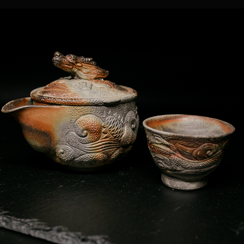 Houhin Teapot Set with Yuzamashi and 6-Pc Yunomi Teacups - Bizen-Yaki - Konishi Toko