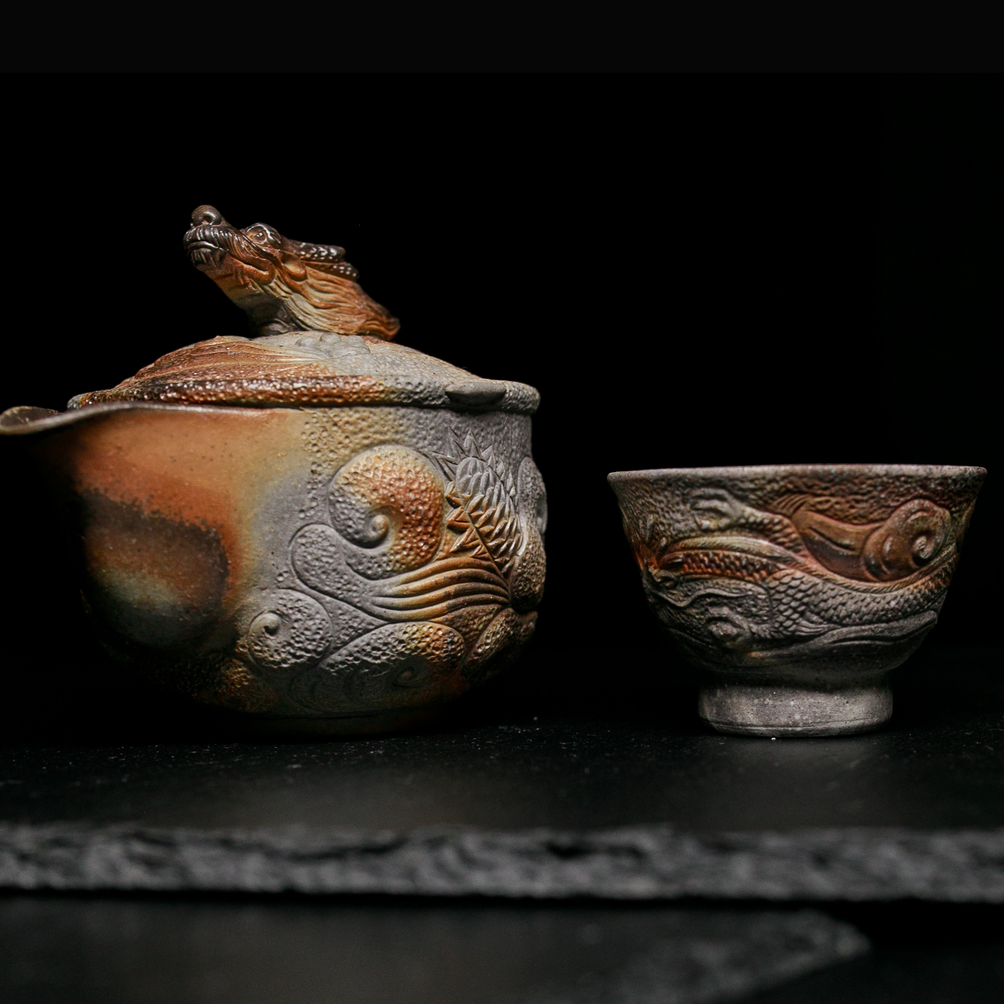 Houhin Teapot Set with Yuzamashi and 6-Pc Yunomi Teacups - Bizen-Yaki - Konishi Toko