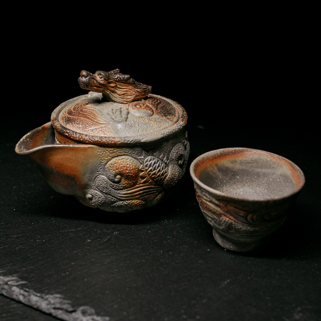 Houhin Teapot Set with Yuzamashi and 6-Pc Yunomi Teacups - Bizen-Yaki - Konishi Toko