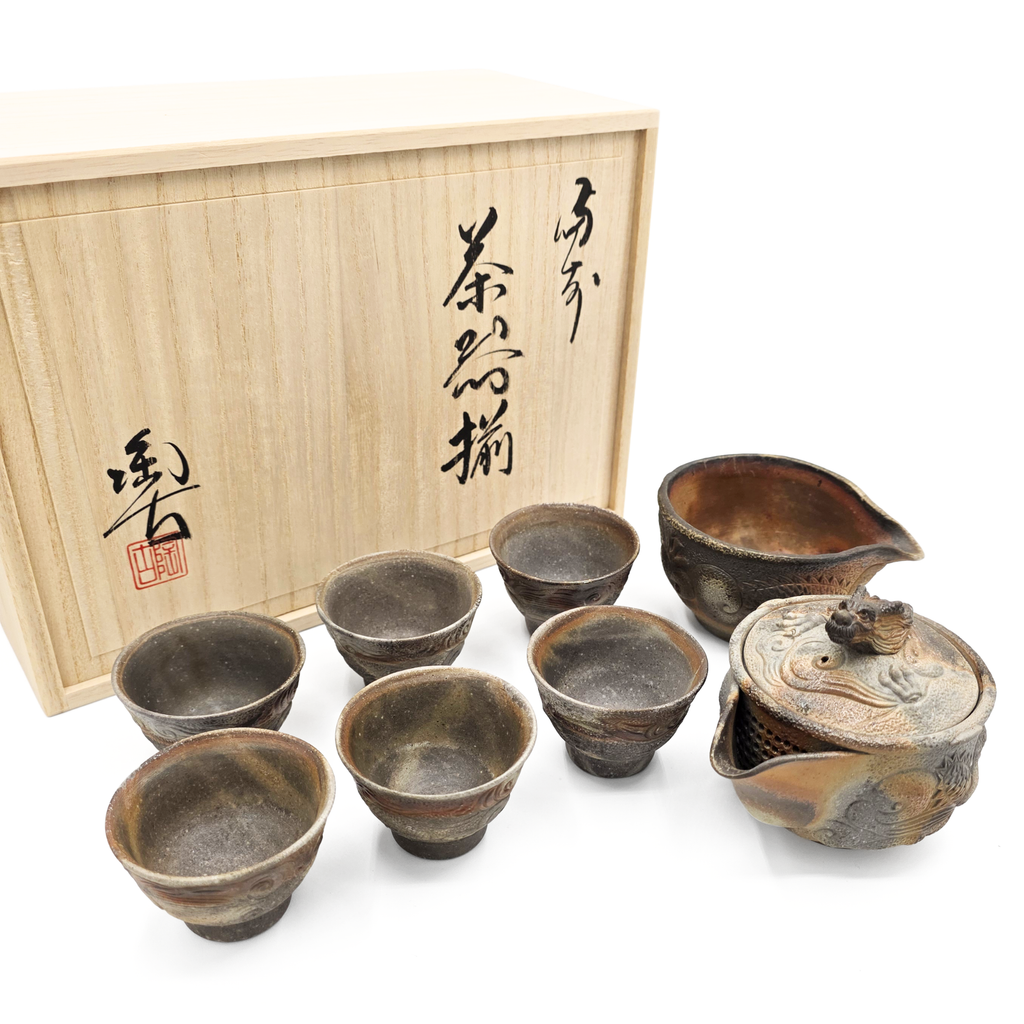 Houhin Teapot Set with Yuzamashi and 6-Pc Yunomi Teacups - Bizen-Yaki - Konishi Toko