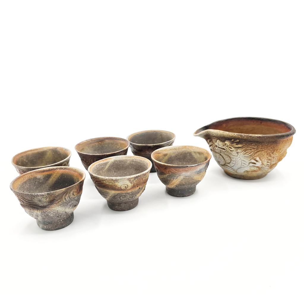 Houhin Teapot Set with Yuzamashi and 6-Pc Yunomi Teacups - Bizen-Yaki - Konishi Toko