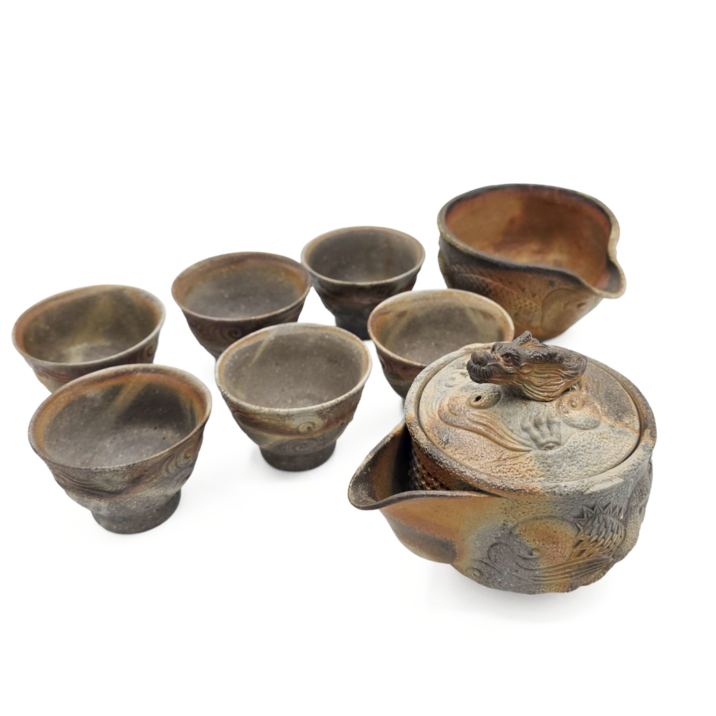 Houhin Teapot Set with Yuzamashi and 6-Pc Yunomi Teacups - Bizen-Yaki - Konishi Toko