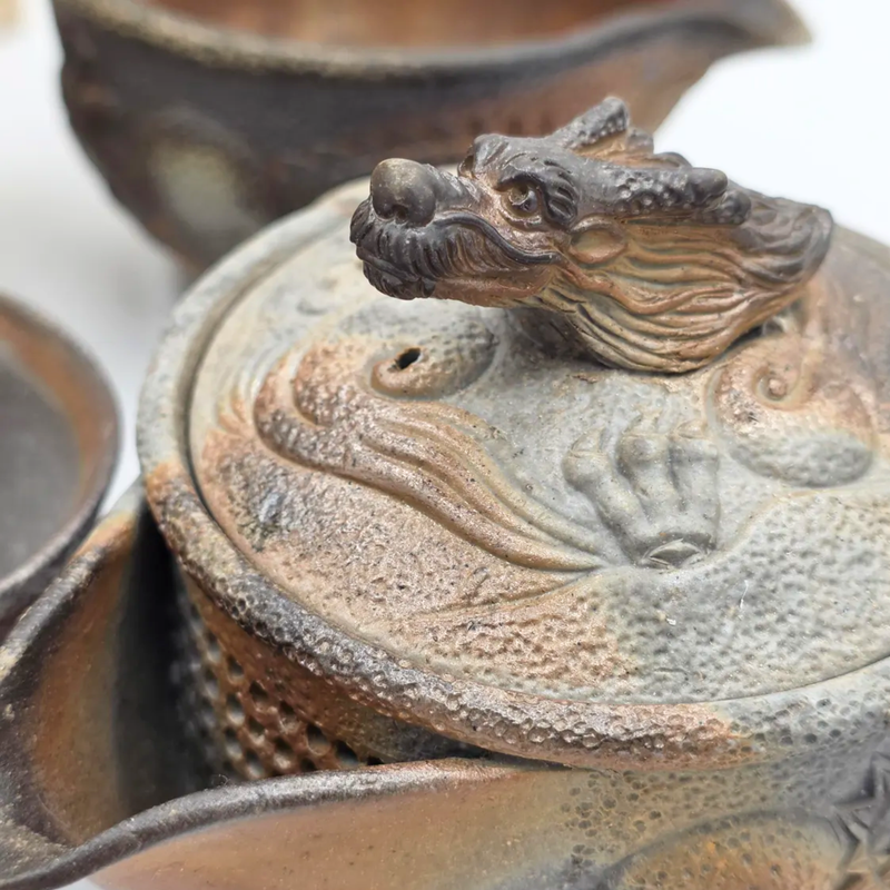 Houhin Teapot Set with Yuzamashi and 6-Pc Yunomi Teacups - Bizen-Yaki - Konishi Toko