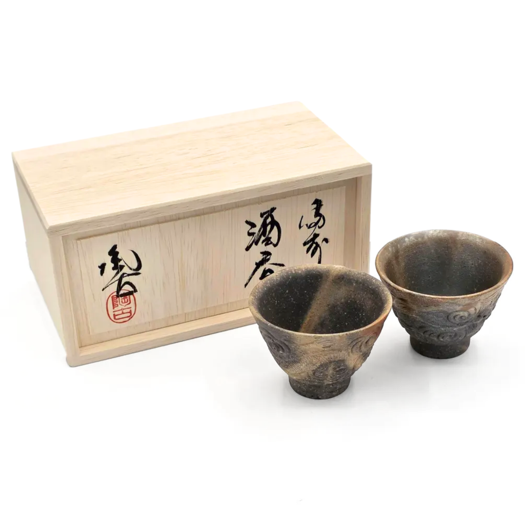 Yunomi Teacup Set, Bizen-Yaki Hand Carved Stoneware, Pair - Konishi Toko - 60ml