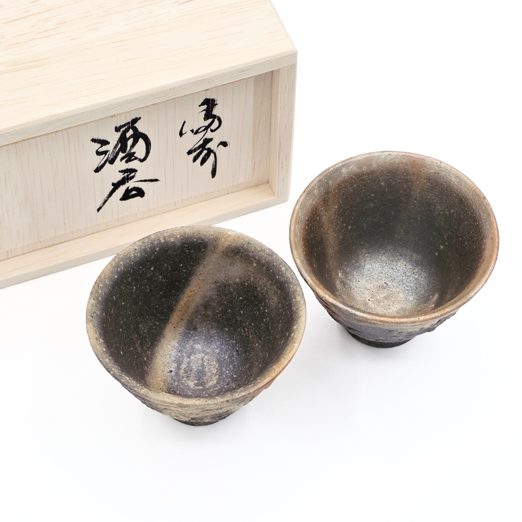 Yunomi Teacup Set, Bizen-Yaki Hand Carved Stoneware, Pair - Konishi Toko - 60ml