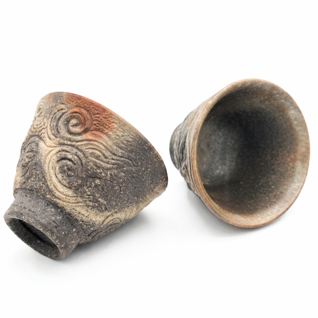 Yunomi Teacup Set, Bizen-Yaki Hand Carved Stoneware, Pair - Konishi Toko - 60ml