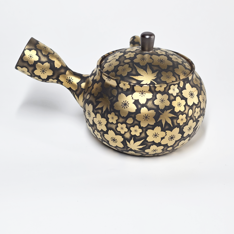 Japanese Kyusu Teapot - Suigetsu III - Japanese Banko-yaki Teapot with Real Gold Sakura and Maple - 420ml