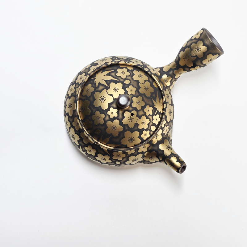 Japanese Kyusu Teapot - Suigetsu III - Japanese Banko-yaki Teapot with Real Gold Sakura and Maple - 420ml