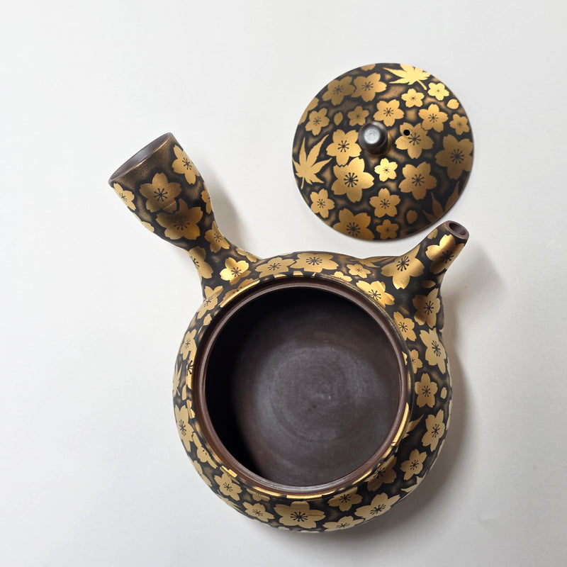 Japanese Kyusu Teapot - Suigetsu III - Japanese Banko-yaki Teapot with Real Gold Sakura and Maple - 420ml