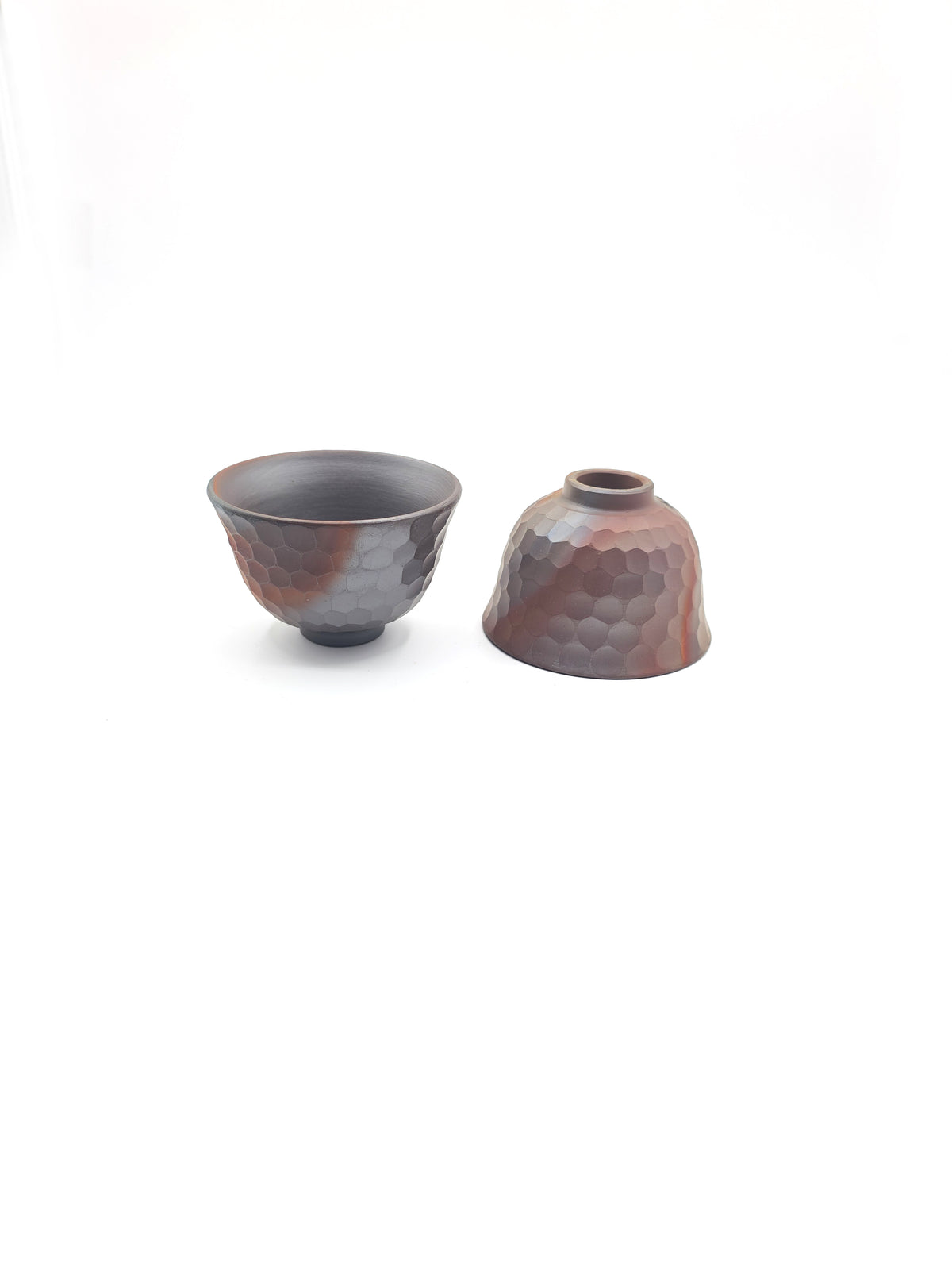 Japanese Yunomi Teacup pair - Mori Iroku IV - Hand-Carved Banko-yaki with Yohen Finish - 80ml