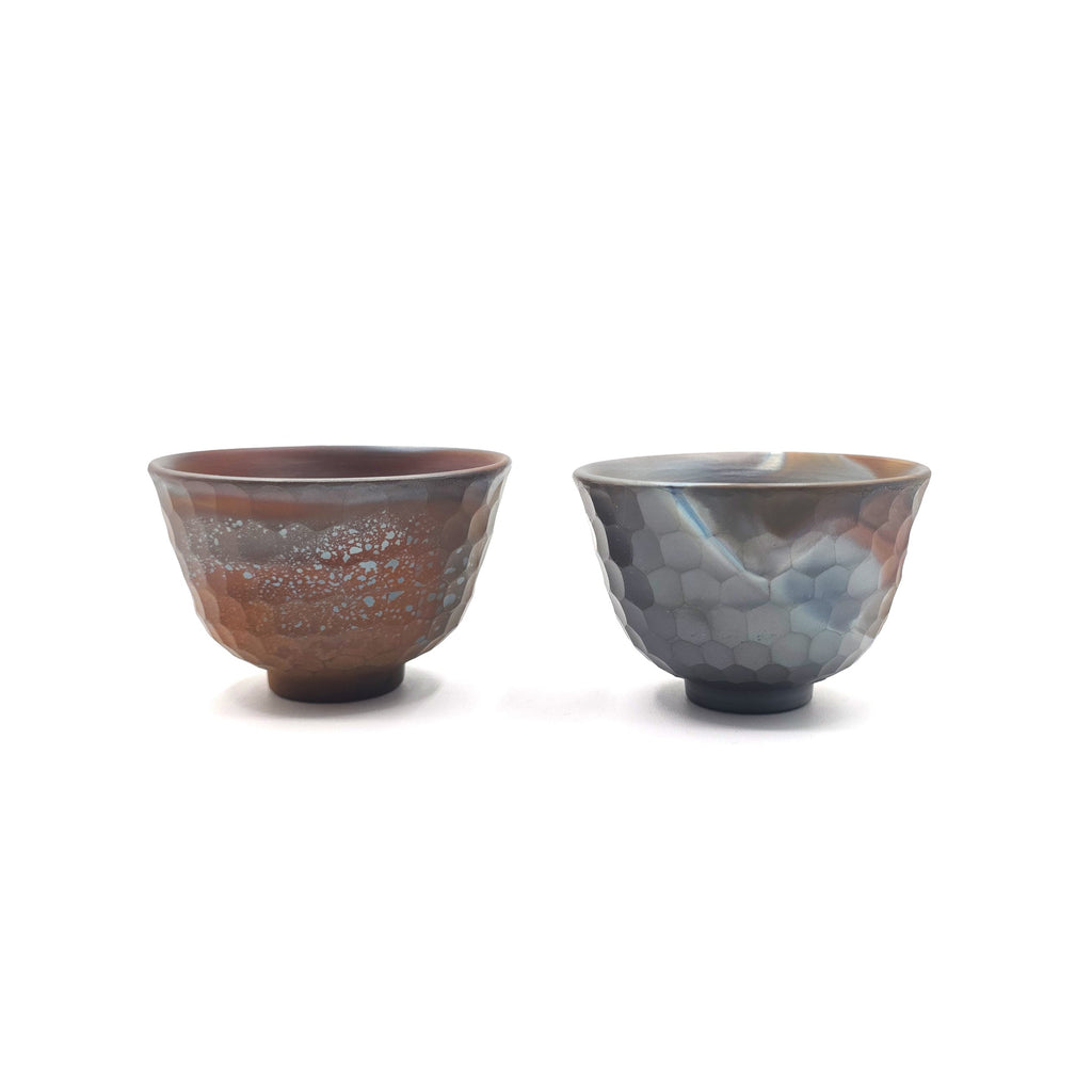 Japanese Yunomi Teacup pair - Mori Iroku IV - Hand-Carved Banko-yaki with Yohen Finish - 80ml