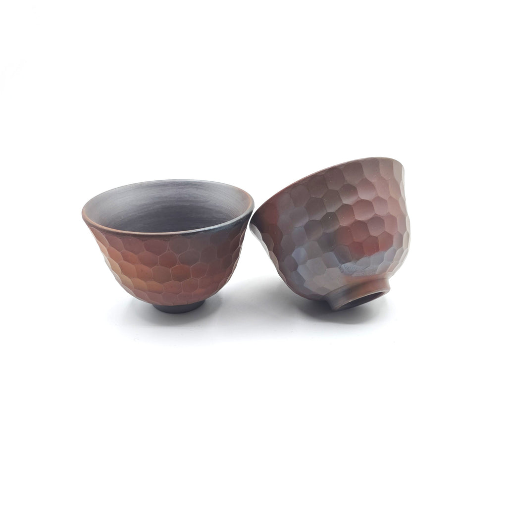 Japanese Yunomi Teacup pair - Mori Iroku IV - Hand-Carved Banko-yaki with Yohen Finish - 80ml