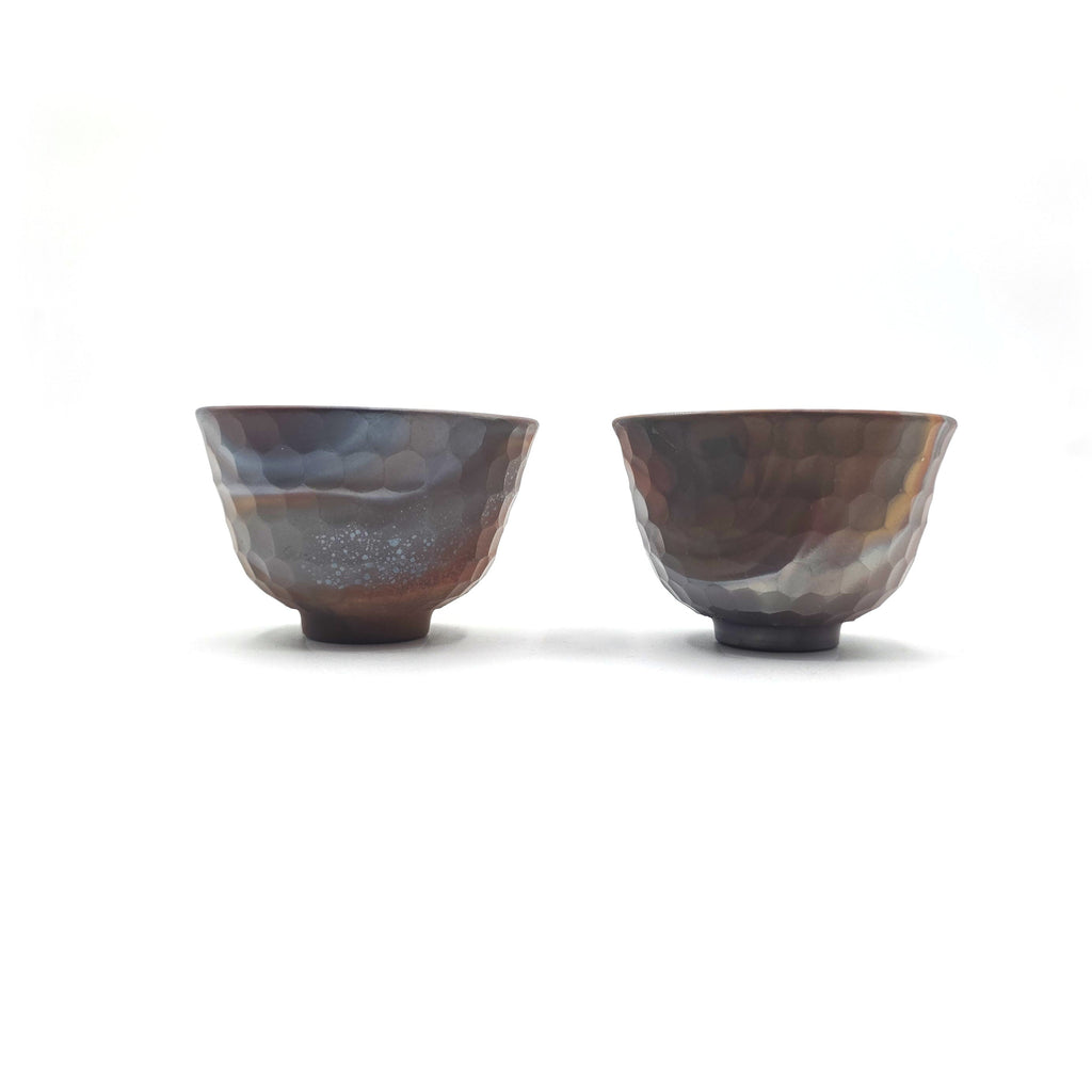 Japanese Yunomi Teacup pair - Mori Iroku IV - Hand-Carved Banko-yaki with Yohen Finish - 80ml