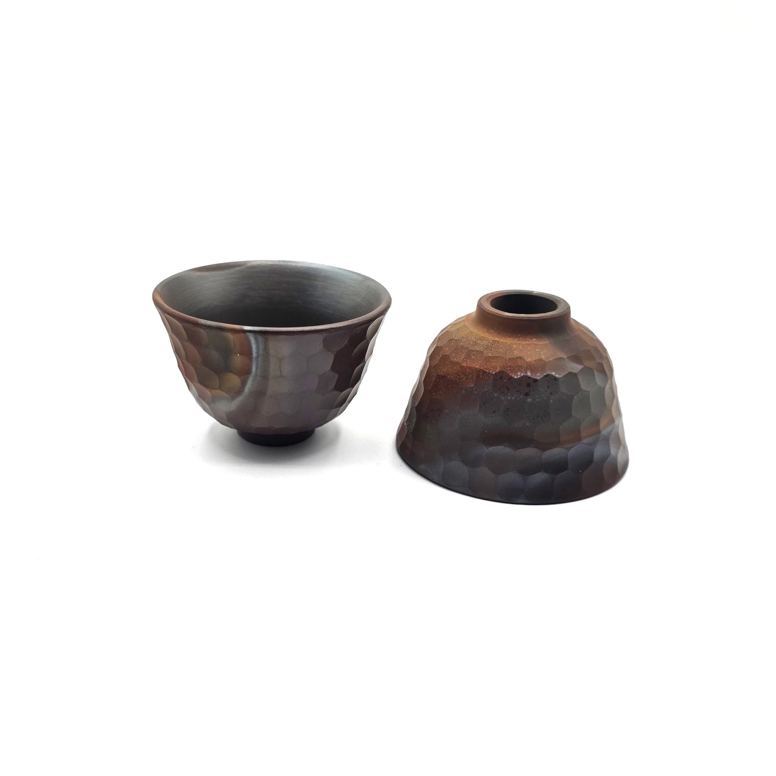Japanese Yunomi Teacup pair - Mori Iroku IV - Hand-Carved Banko-yaki with Yohen Finish - 80ml