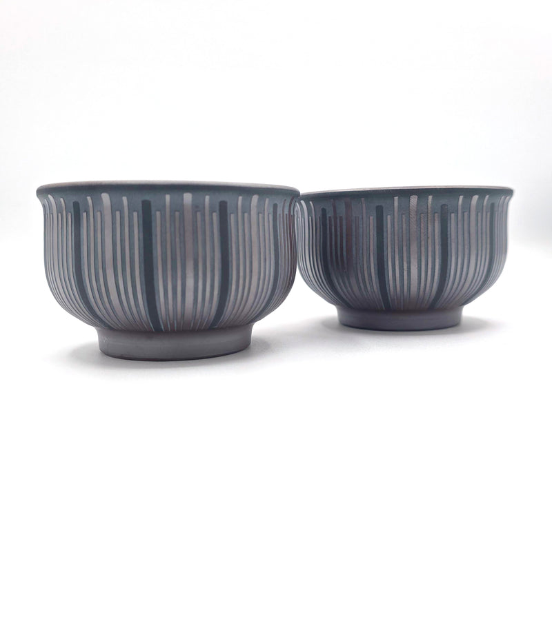 Banko-Yaki Yunomi Teacup Pair - Shimizu Suigetsu III - Sandblasted Stripe - 120ml