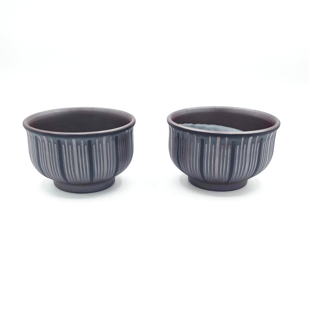 Banko-Yaki Yunomi Teacup Pair - Shimizu Suigetsu III - Sandblasted Stripe - 120ml
